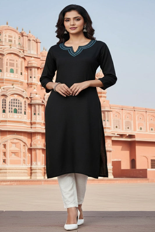 SRS Fashion Black Embroidered Rayon Straight Kurta Set