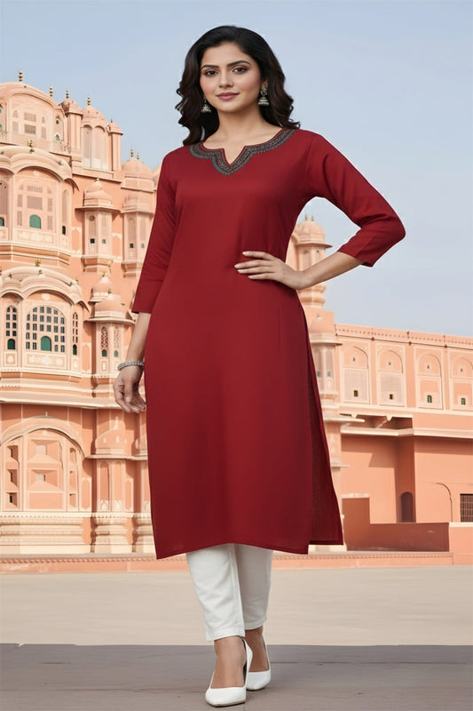 SRS Fashion Red Embroidered Rayon Straight Kurta Set