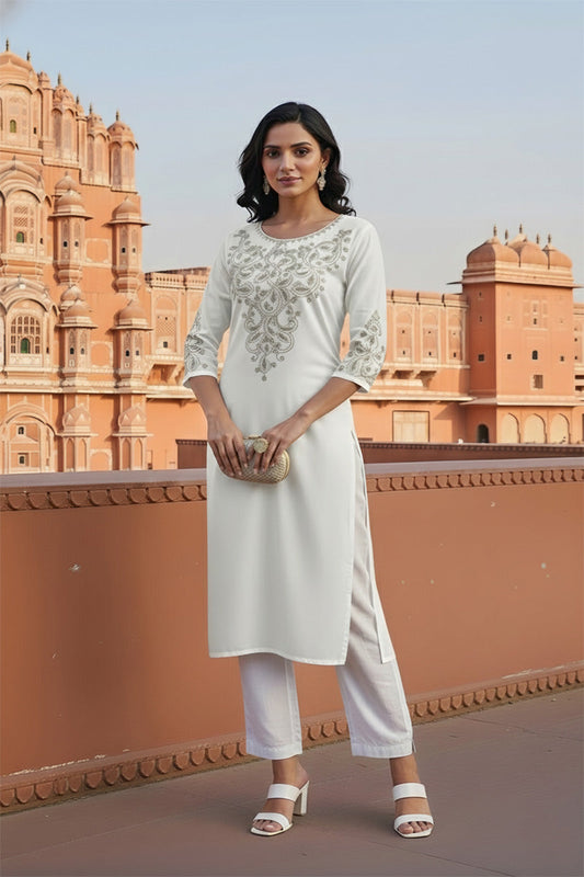 SRS Fashion White Embroidered Rayon Straight Kurta Set