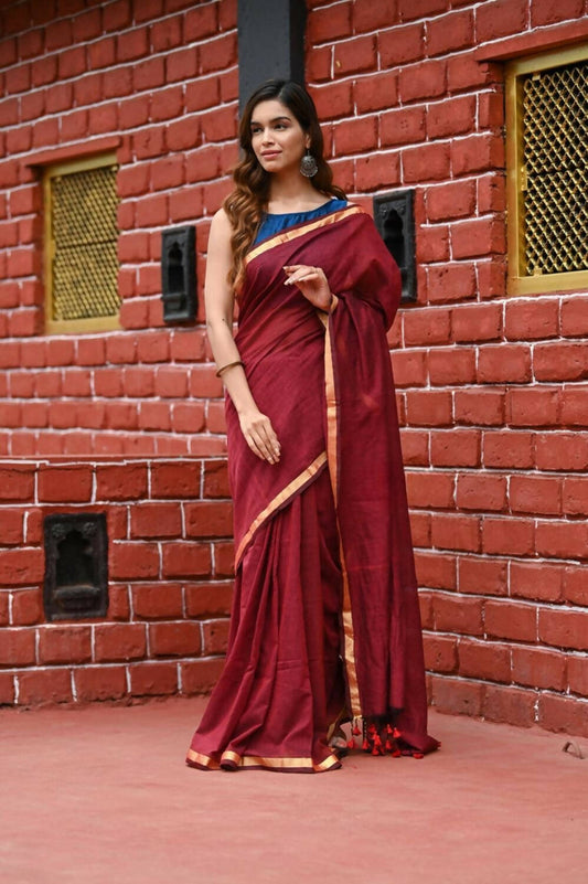 Very Much Indian Pure Cotton Handloom Saree With Intricate Borders - Red - Grab2buy