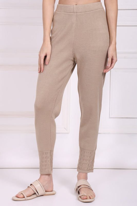 W for Woman Beige Solid Acrylic Winter Legging