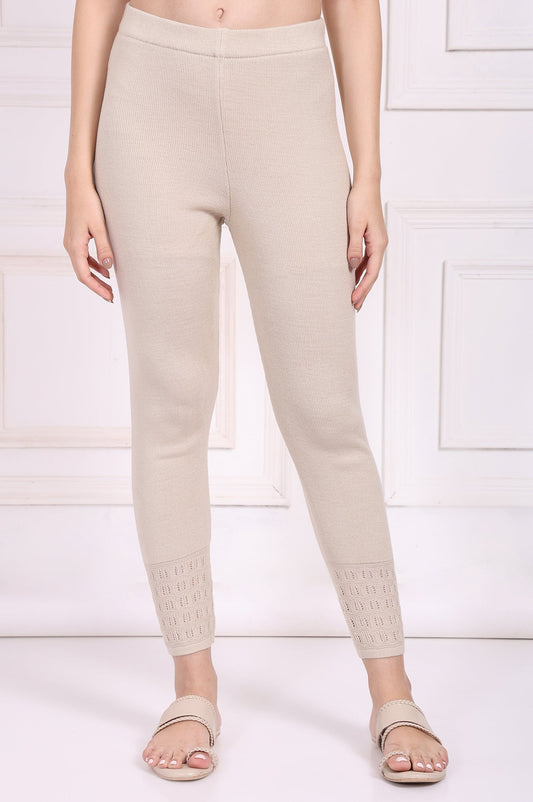 W for Woman Beige Solid Acrylic Winter Legging