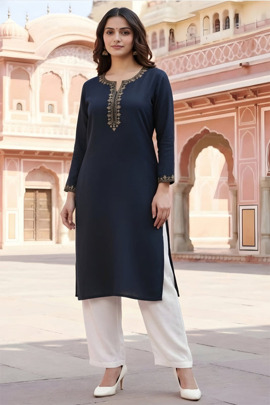 SRS Fashion Blue Embroidered Rayon Straight Kurta Set