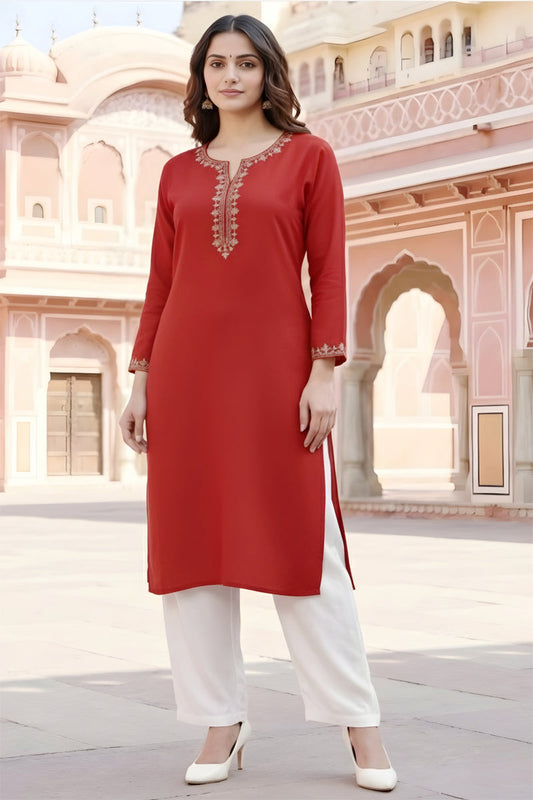 SRS Fashion Red Embroidered Rayon Straight Kurta Set