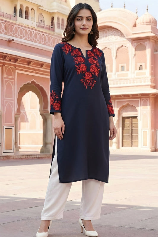SRS Fashion Blue Embroidered Rayon Straight Kurta Set