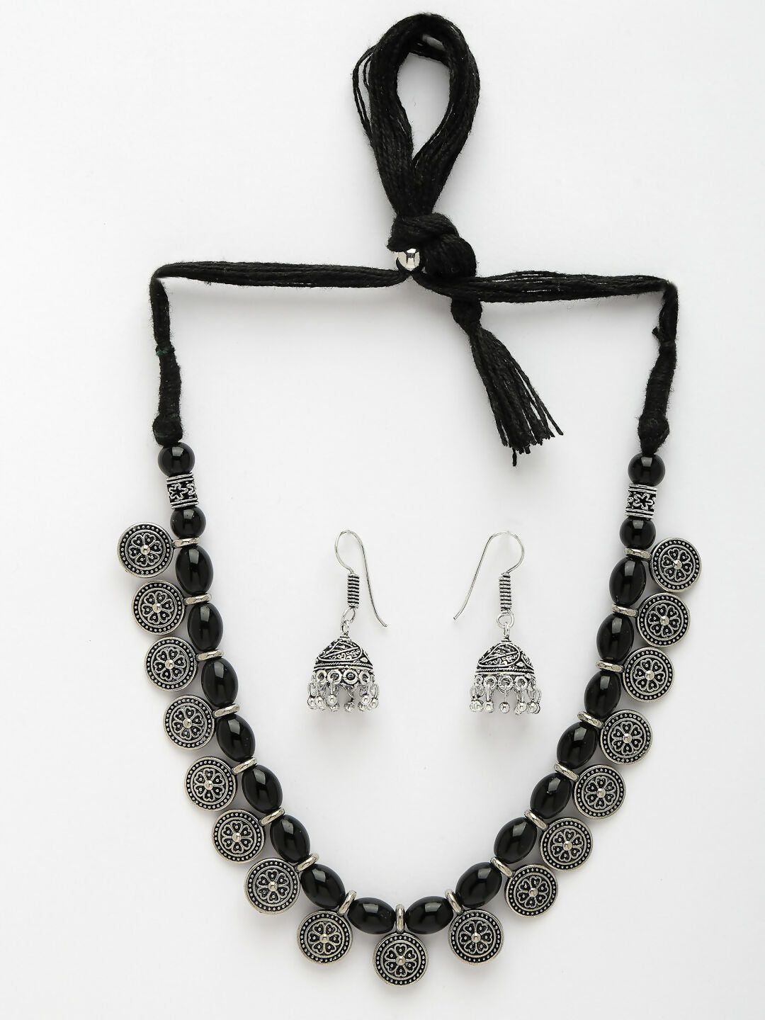 NVR Women's Black Silver-Plated Choke Oxidized Necklace with Jhumka Earrings - Grab2buy