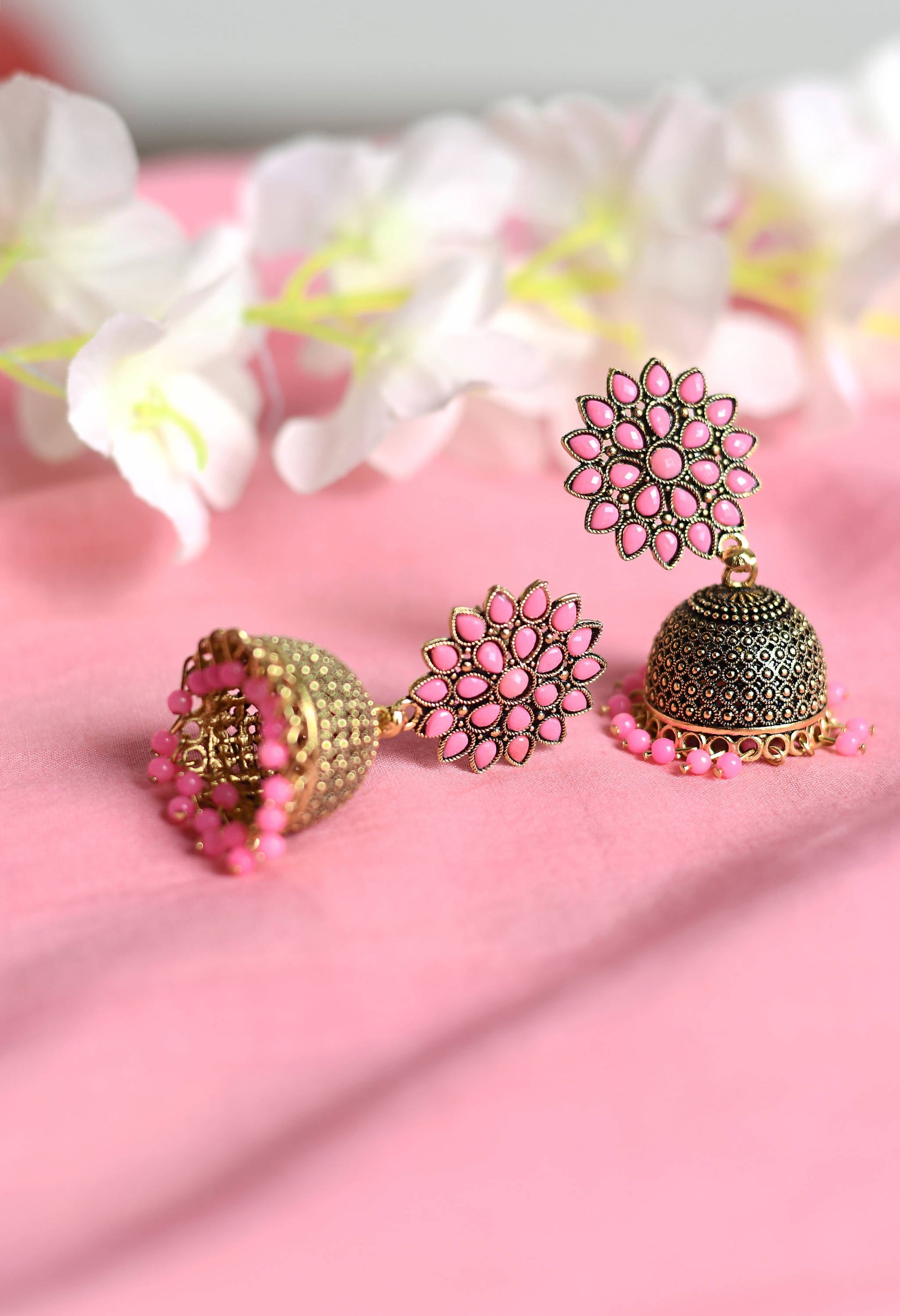 Mominos Fashion Johar Kamal Beautiful Kundan Work Jhumka With Baby Pink Beads - Grab2buy