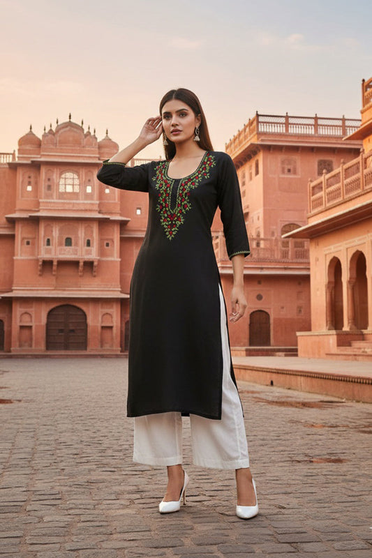 SRS Fashion Black Embroidered Rayon Straight Kurta Set