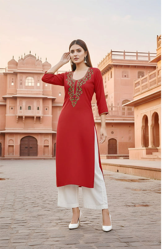 SRS Fashion Red Embroidered Rayon Straight Kurta Set