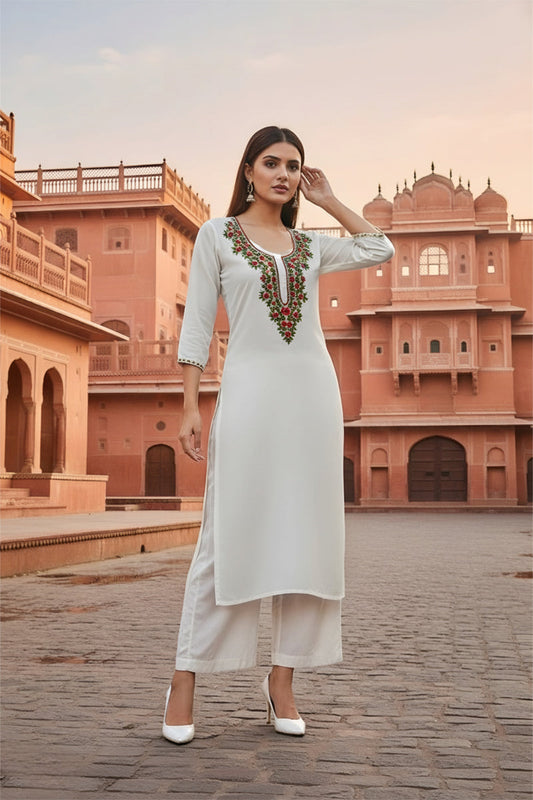 SRS Fashion White Embroidered Rayon Straight Kurta Set