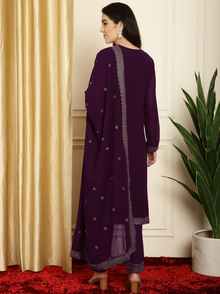 Aastha Fashion Women's Burgundy Georgette Resham Thread & Sequin Kurta with Trouser & Dupatta - Grab2buy