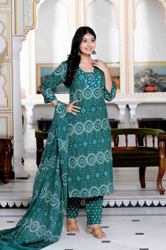 Miravan Women's Cotton Green Floral Printed Straight Pakistani Style Suit Set