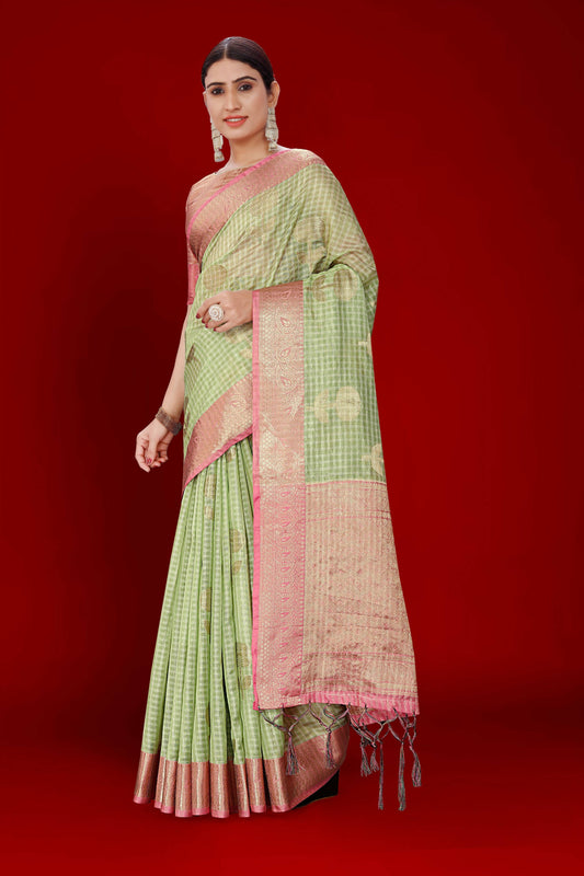 Green Soft Organza Woven Design Saree With Unstitched Blouse Piece - Zaara