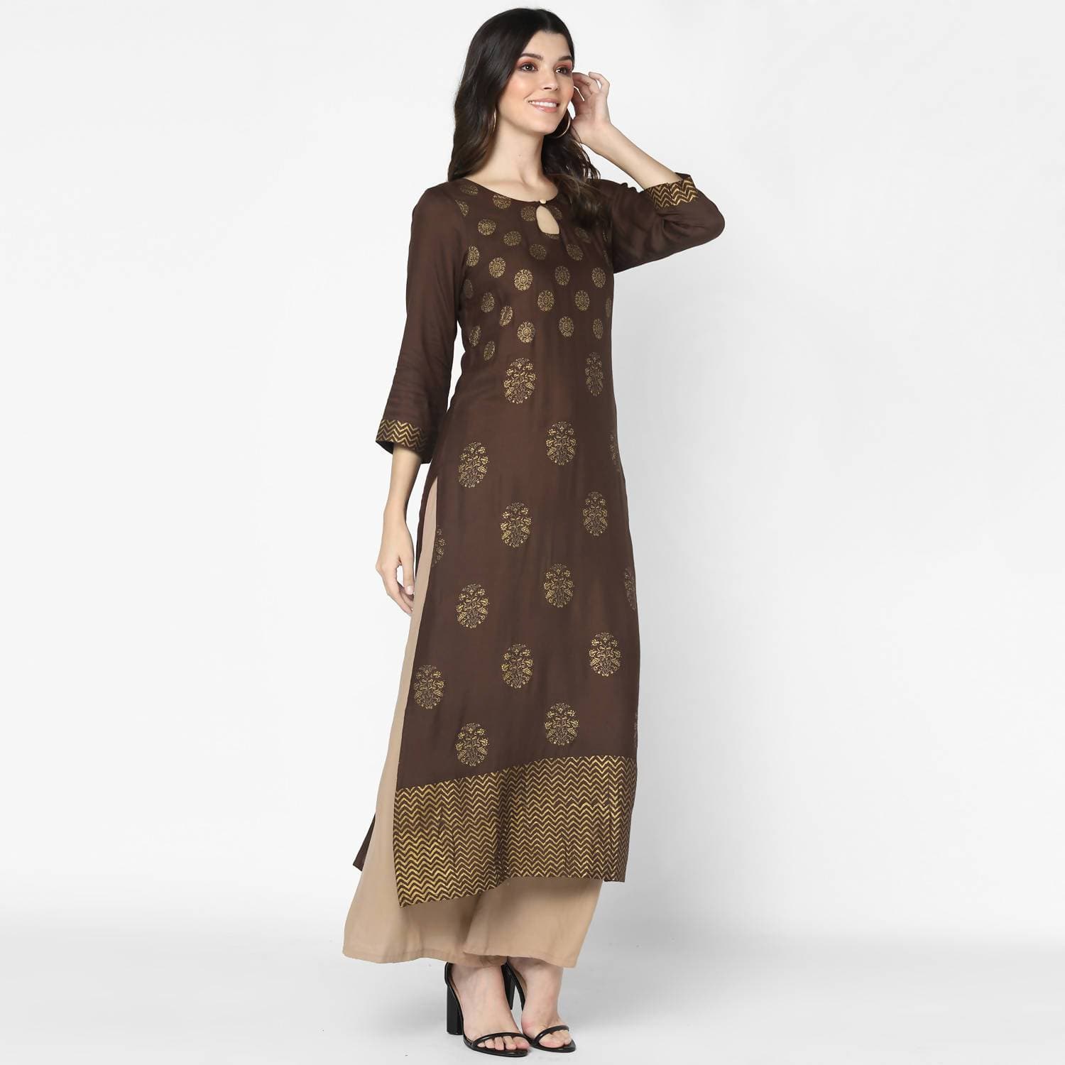 Cheera Hand Block Print Brown A Line Kurta (MAAI-055K)