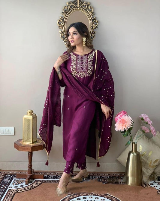 Indian Clothing NOZ2TOZ Women's Rayon Slub Wine Party Wear Embroidered Kurta With Pant And Duppata Set | Grab2Buy
