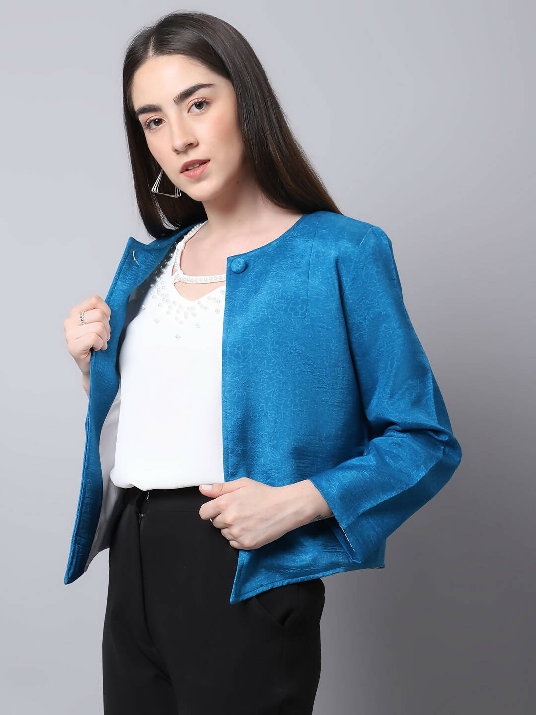 Even Apparels Blue 100% Viscose Open Front Statement Women's Jacket - Grab2buy