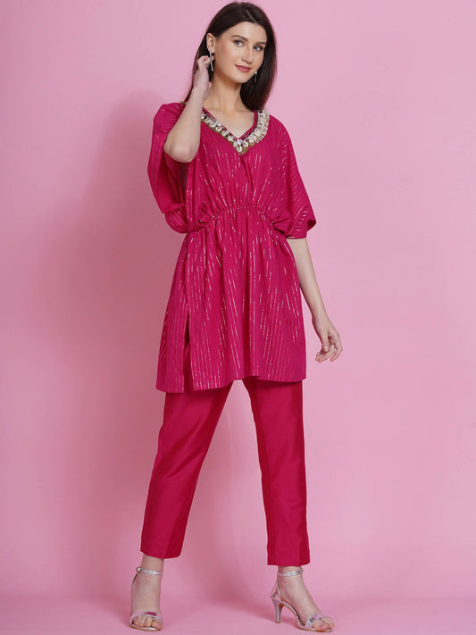 Women Republic Pink Lurex Cotton Kaftan Style Kurta With Pants - Grab2buy