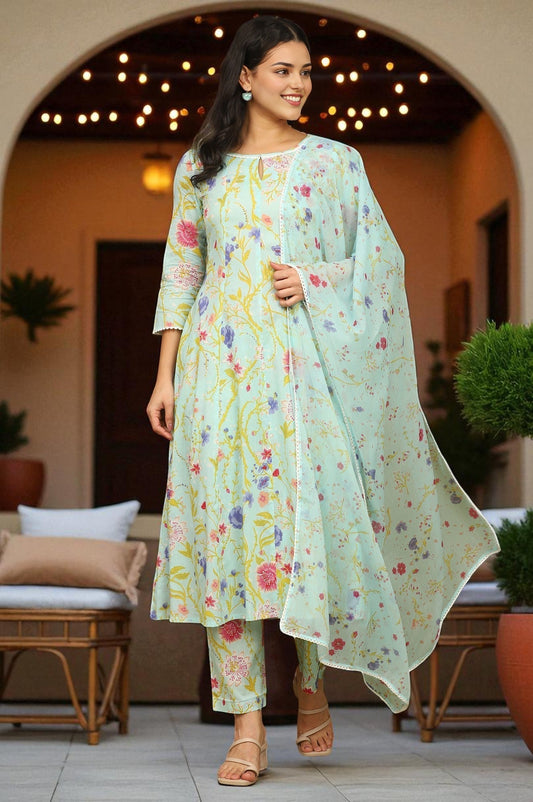 W for Woman Light Turqoise Blue Floral Printed Pure Cotton Flared Kurta, Pants and Dupatta Set