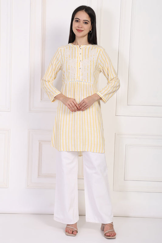 W for Woman Yellow Striped Embroidered Straight Rayon Tunic Grab2Buy WforWoman Grab2Buy