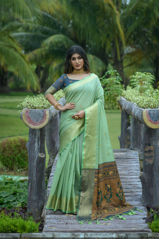 Vishnu Weaves Women's Sea Green Cotton Silk Zari Woven Grab2Buy with Blouse