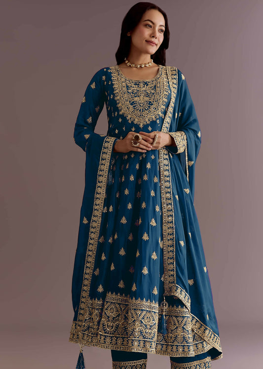 Teeya Creation Morpich Color Chinon Silk Embroidery Work Wedding Wear Gown