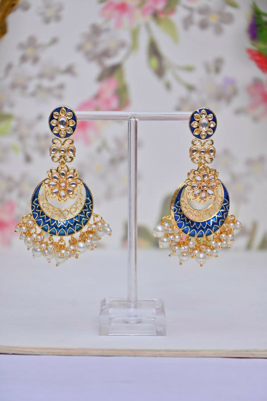 Blue Gold-Polished Beautifully Enamelled Stylish Kundan & Pearl Dangle Women Earrings|Meenakari Chandbali Traditional Ethnic Wear Earrings By House of Ree House of Ree