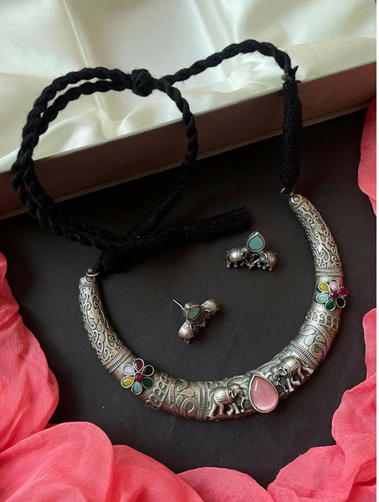 Joban Fashion Women Oxidize Monalisa Stone Oxidized Choker With Earring Set