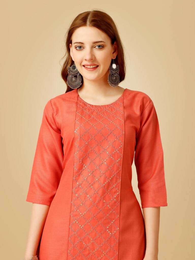 Aastha Fashion Women's Coral Cotton Blend Embroidered Kurta Pant Set - Grab2buy