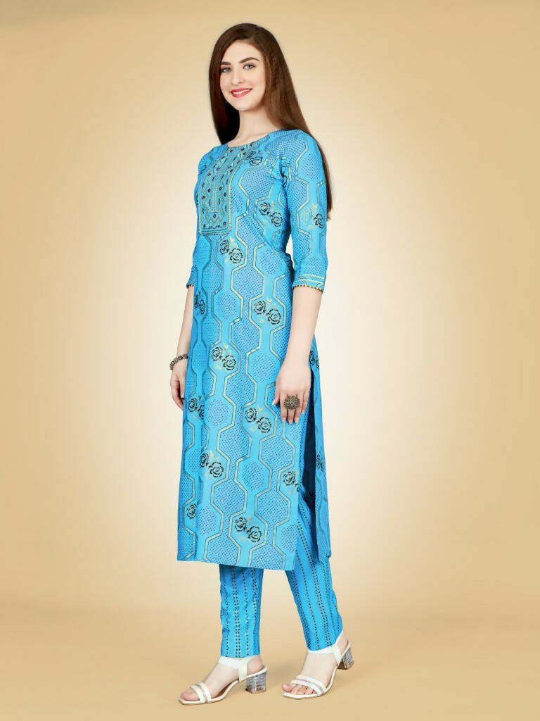 Aastha Fashion Women's Sky Blue Viscose Rayon Embroidered Kurta Pant Set - Grab2buy