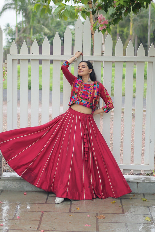 Evanik Navratri Maroon Roamn Fabric With Kutchi Work Koti Style Blouse Stitched Lehenga Choli
