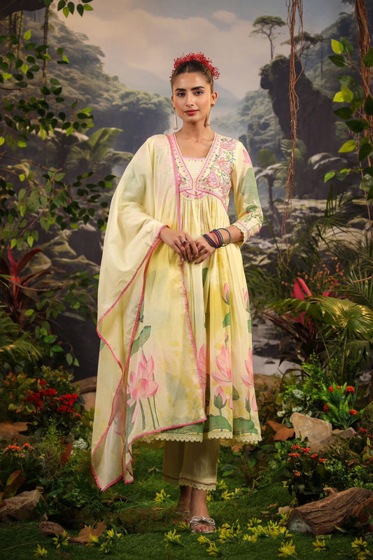 Alia Cut Embroidered & Floral Printed Kurta With Pant & Dupatta Luxury Premium, Multicolor - Hiral Fashion