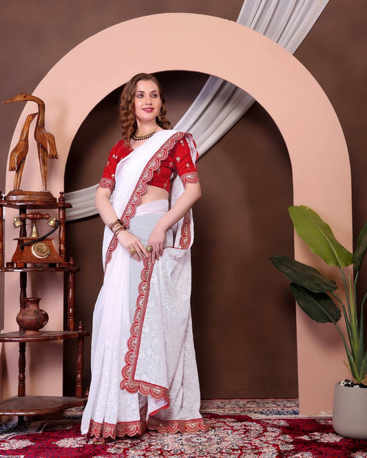 Teeya Creation White Color Georgette Fabric Chikankari Work Saree