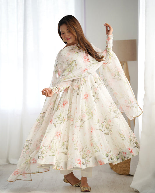 Lorenvalley White Soft Organza Silk With Floral Print Fully Flared Anarkali Pant With Dupatta Set