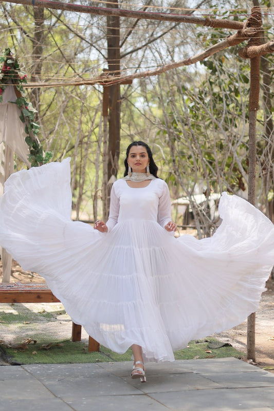 Evanik White Faux Blooming Gown With Dupatta With Rich Sequins Embroidered work