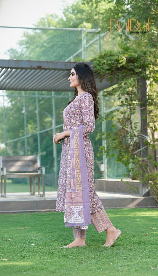 BulBul Fashionista Cotton Purple Kurta Set with Dupatta