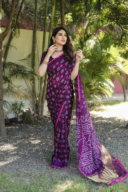 Anaita Wine Woven Design Pure Bandhej Silk Saree With Blouse