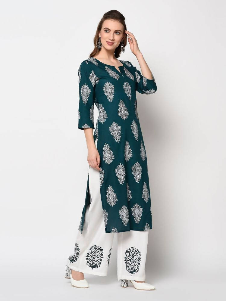 Yufta Teal Block Print Kurta with palazzo and Dupatta Set