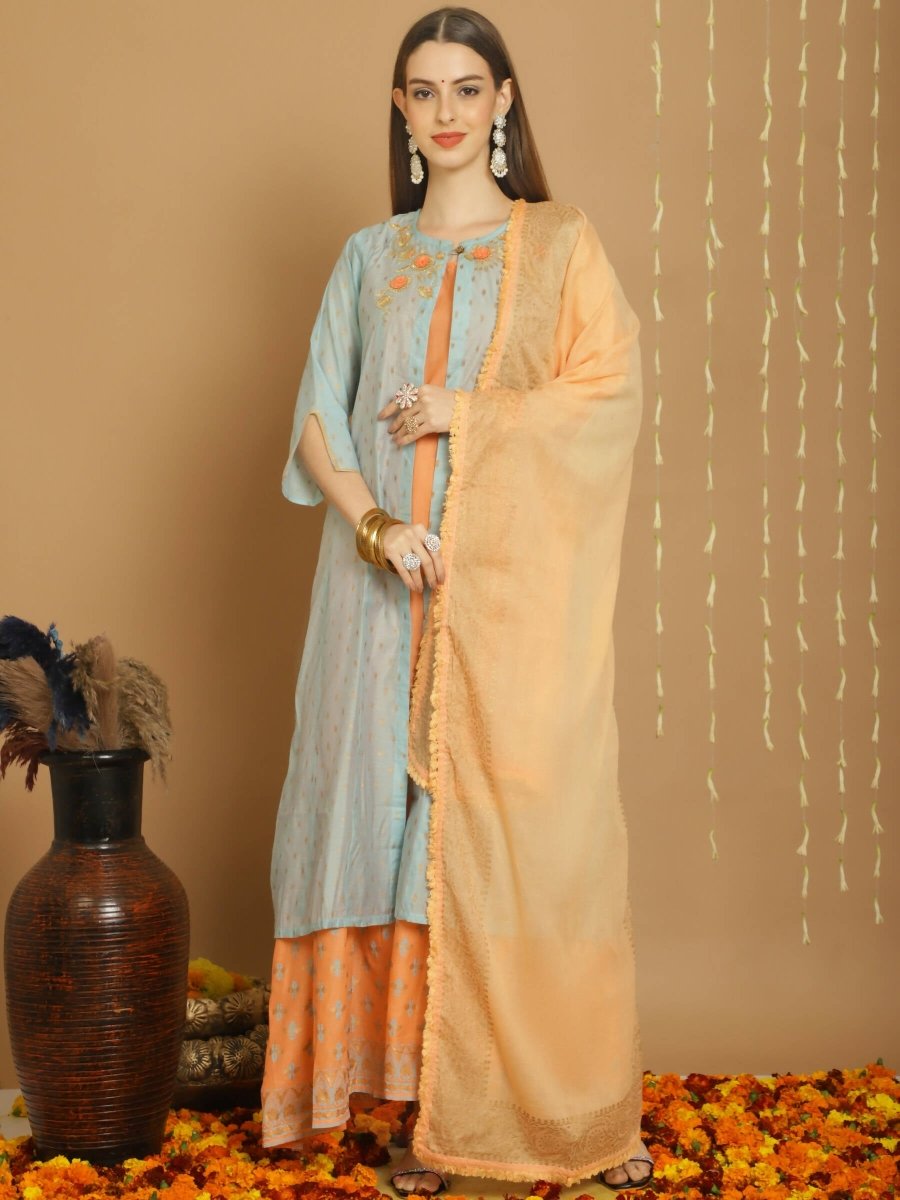 Aastha Fashion Women's Turquoise Chanderi Silk Elegant Jardoshi Kurta with Trouser & Dupatta - Grab2buy
