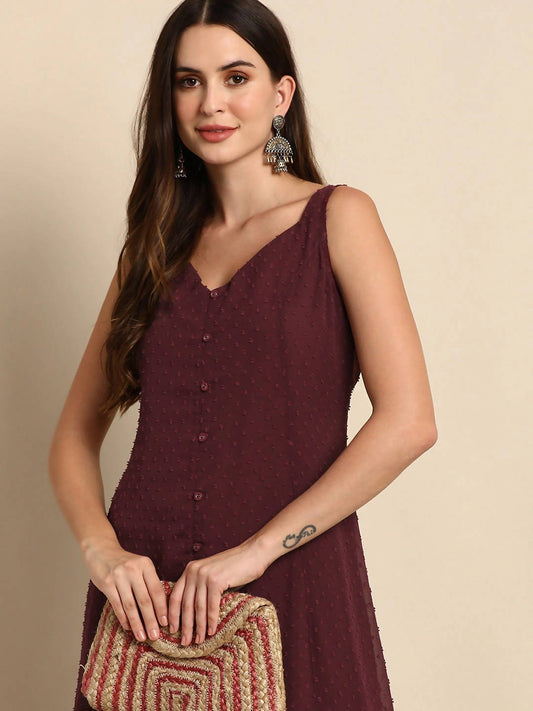 Janasya Women Maroon Poly Chiffon Dobby Weave Kurta