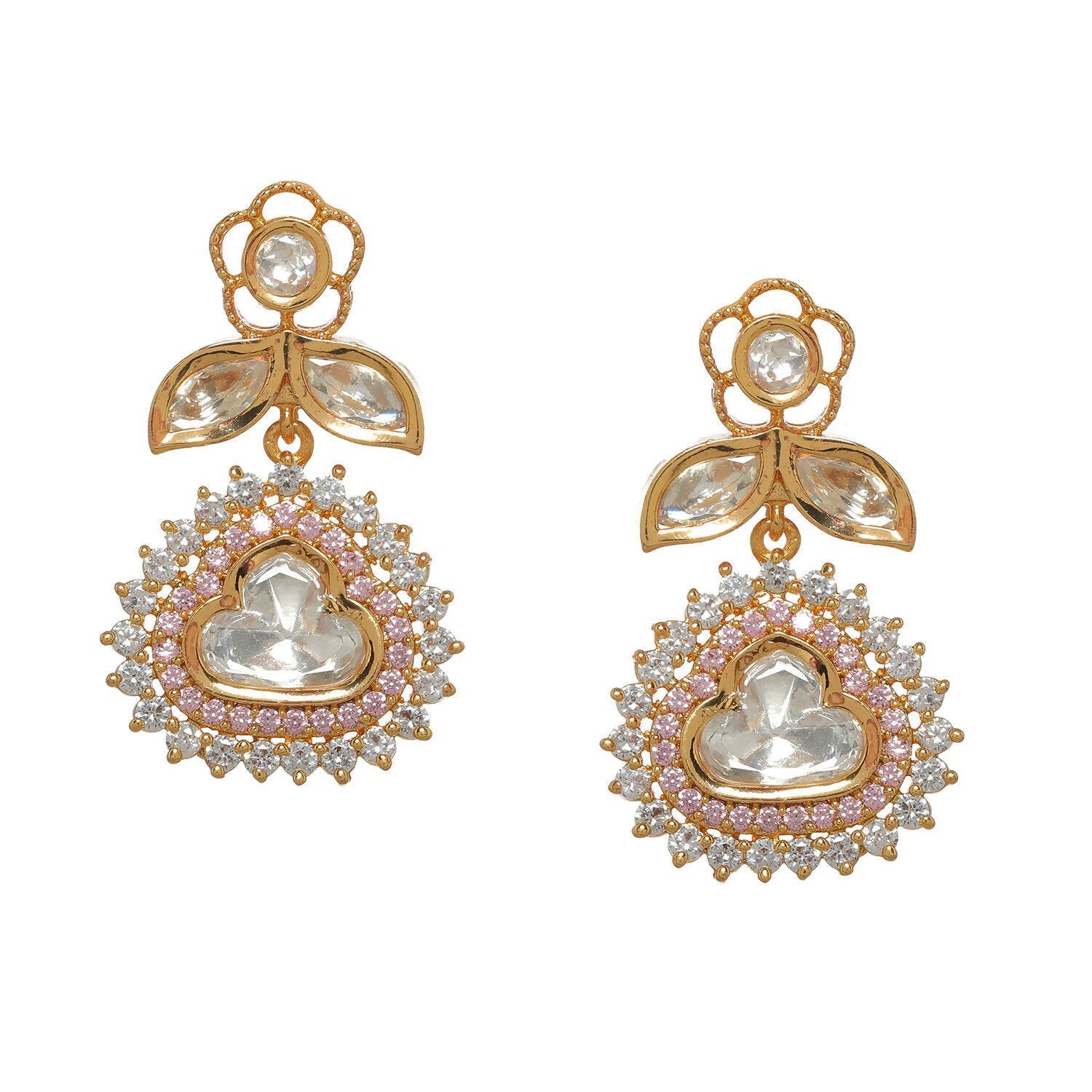 Kundan and Diamond with Pink Stones Dangler Earrings (Gold) - Ruby Raang - Grab2buy