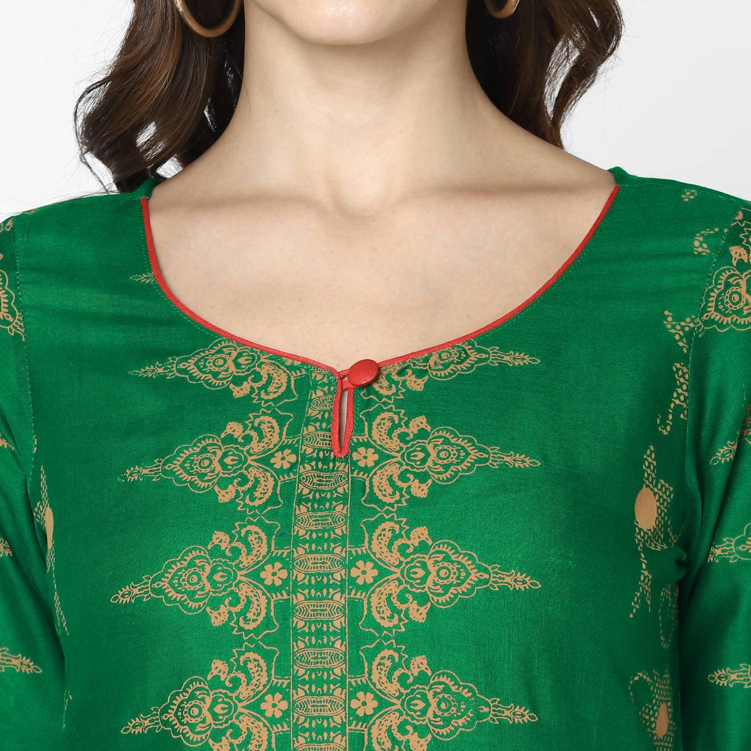Cheera Hand Block Print Bottle Green Straight Kurta (MAAI-065K)
