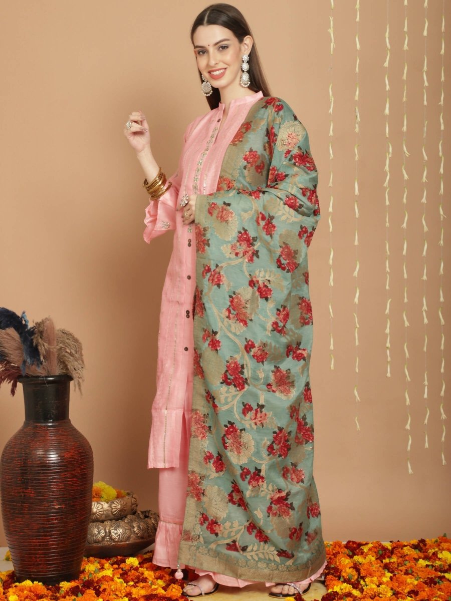 Aastha Fashion Women's Peach Chanderi Silk Elegant Jardoshi Kurta with Trouser & Dupatta - Grab2buy