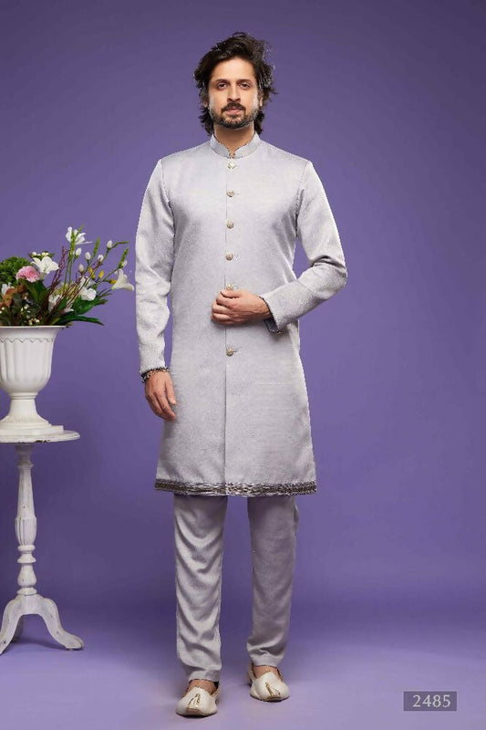Raivat Ethnic Art Banarasi Silk Thread Work Kurta Pajama In Grey Colour