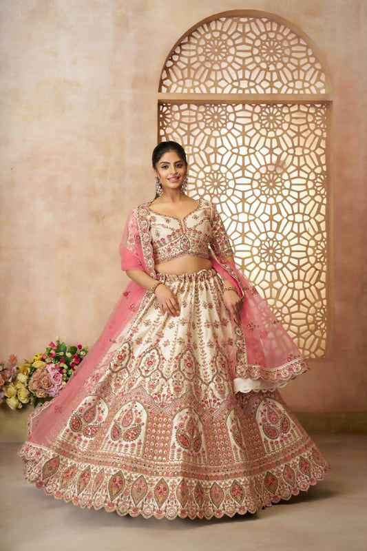 Kesar Fab White Silk Embroidered Lehenga