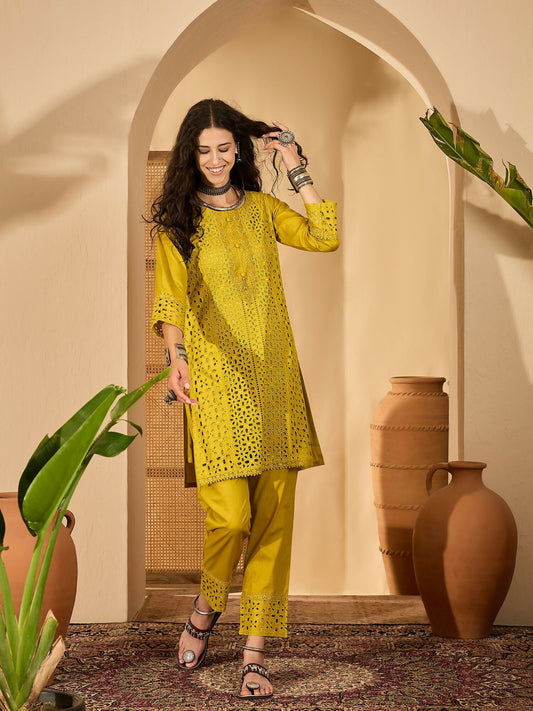 Joban Fashion Embroidery Mustard Pure Cotton Cord Set