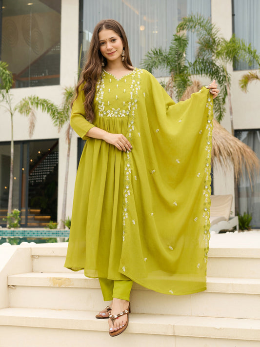 The52 Lemons Women's Gorgeous Chinon Embroidered Flared Kurta with Pant And Dupatta Set | Grab2Buy
