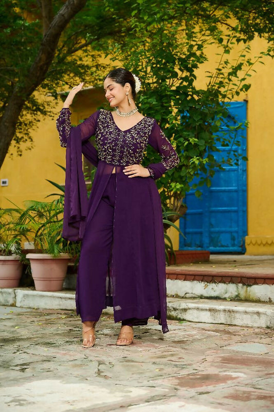 Joban Fashion Purple Readymade Kurta Set With Sequence embroidery Work