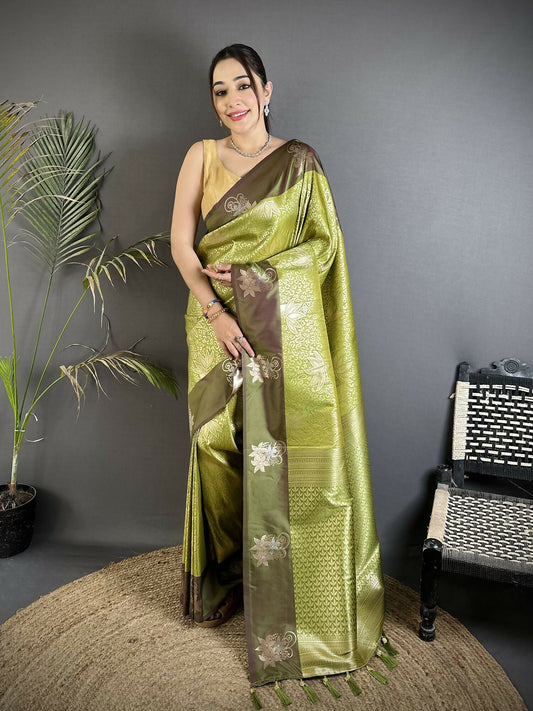 Joban Fashion Dusty Green Intricate Zari Weaving Soft Silk Dharmavaram Saree
