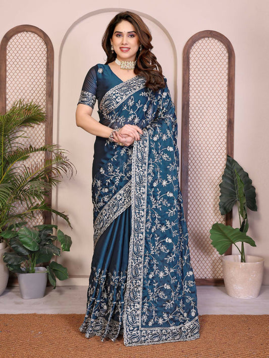 Teeya Creation New Trendy Party Wear Soft Silk Saree-Blue