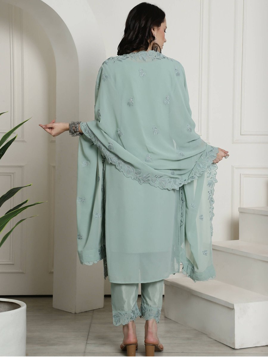 Aastha Fashion Women's Green Georgette Floral Resham Thread with Cording & Crystal work Kurta with Trouser & Dupatta - Grab2buy